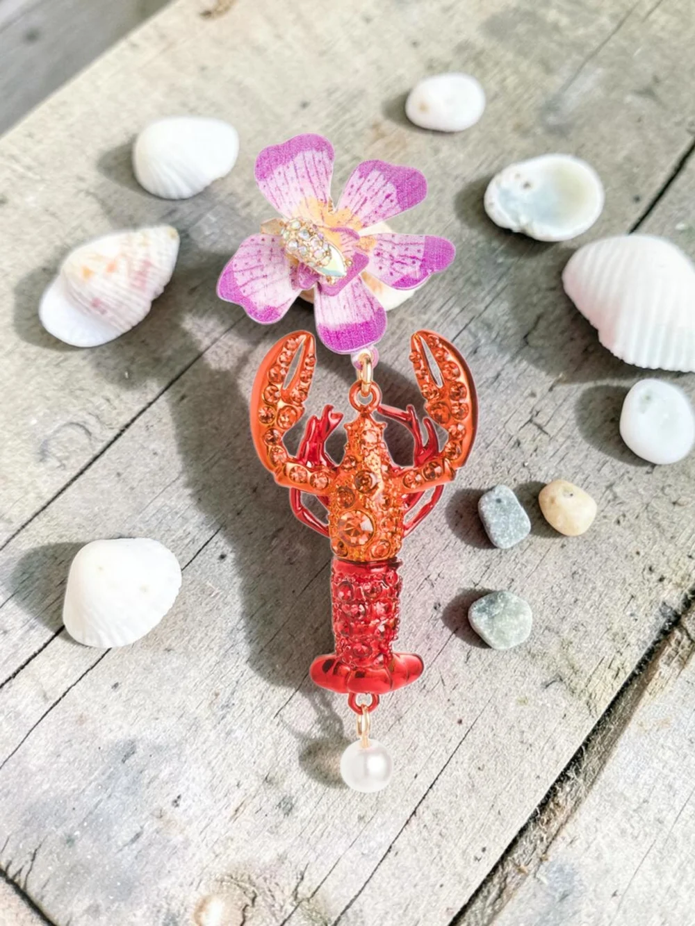 NWT BETSEY JOHNSON Mermaid Jewels Lobster Crystal Orchid Statement Earrings 2.5" - Picture 3 of 5
